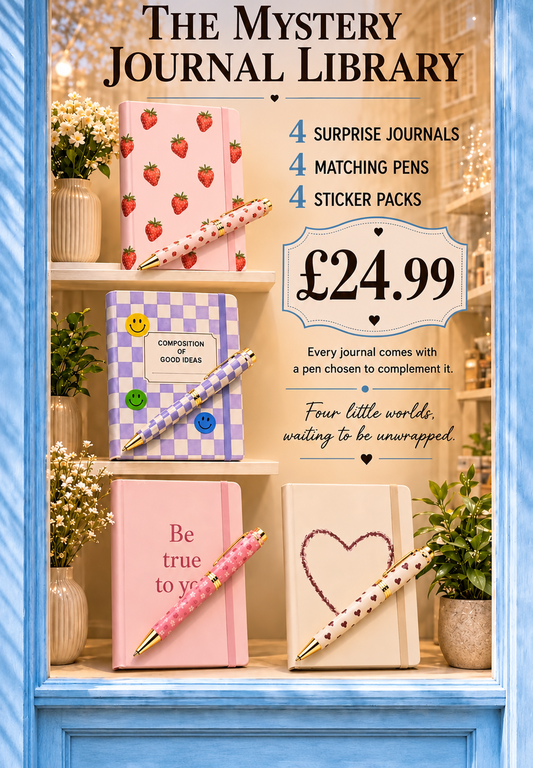 Mystery Journal Library | 4 A5 Journals, 4 Matching Pens & 4 Sticker Packs